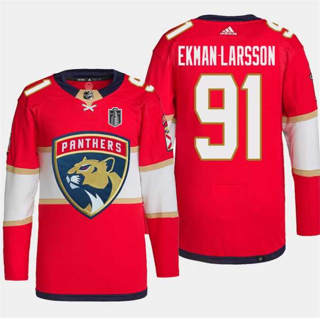 Mens Florida Panthers #91 Oliver Ekman-Larsson Red 2024 Stanley Cup Final Patch Stitched Jersey Dzhi->->NHL Jersey